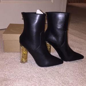 Black heeled Boot with gold glitter speck heel
